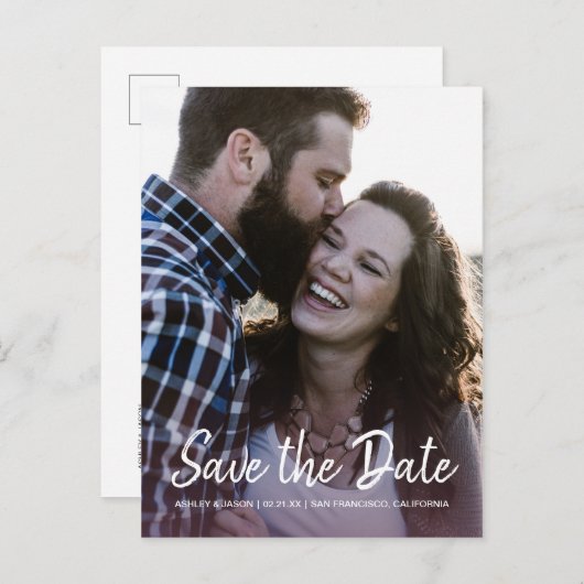 スクリプトエレガント日付の保存婚約写真 案内ポストカード (正面/裏面)