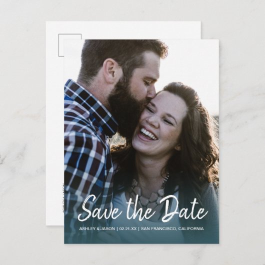 スクリプトエレガント日付の保存婚約写真 案内ポストカード (正面/裏面)