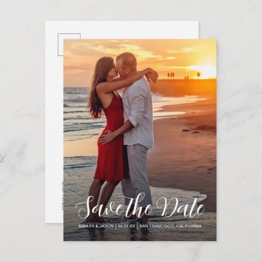 スクリプトエレガント日付の保存婚約写真 案内ポストカード (正面/裏面)