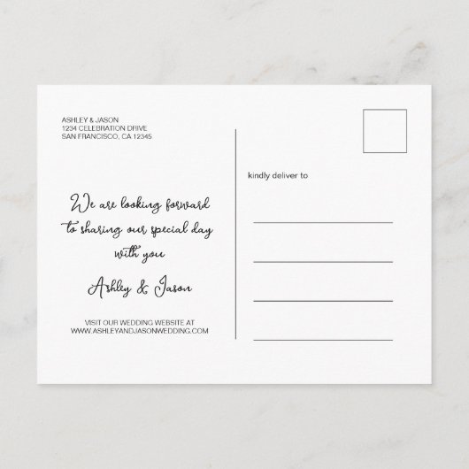 スクリプトエレガント日付の保存婚約写真 案内ポストカード (裏面)