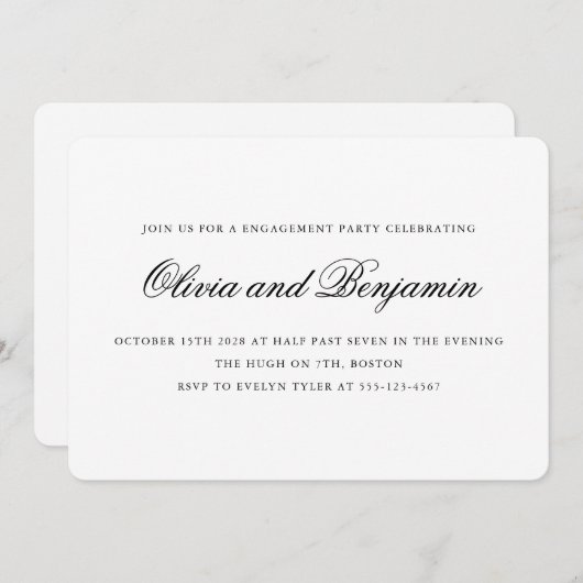 スクリプトエレガント白黒フォーマル婚約パーティ 招待状 (正面/裏面)