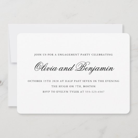 スクリプトエレガント白黒フォーマル婚約パーティ 招待状 (正面)