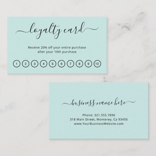 スクリプトエレガント美しいサロンティール(緑がかった色)ターコイズ ロイヤリティカード (正面/裏面)