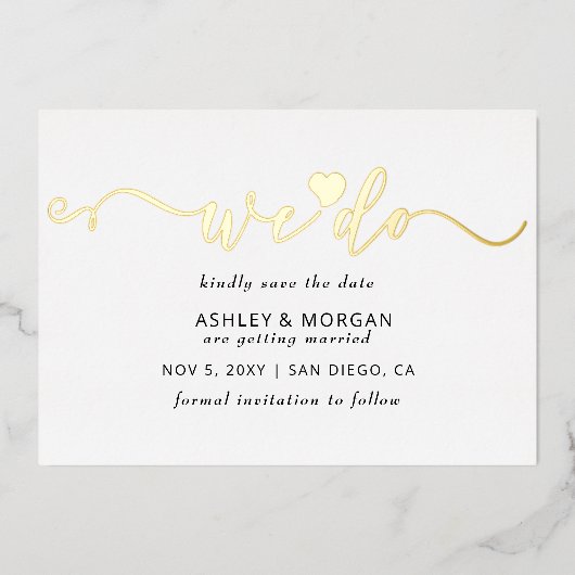 スクリプトエレガント金ゴールドハート日付の保存 箔招待状 (正面)