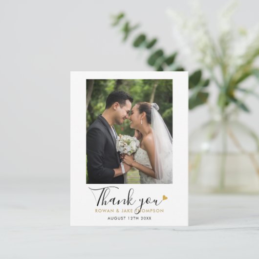 スクリプトエレガント金ゴールドハート結婚の写真ありがとう ポストカード (スタンド正面)
