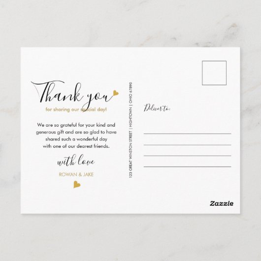 スクリプトエレガント金ゴールドハート結婚の写真ありがとう ポストカード (裏面)