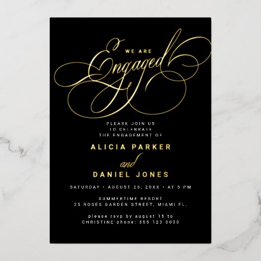 スクリプトエレガント金ゴールドフォイル写真婚約パーティ 箔招待状 (正面)