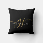 スクリプトエレガント金ゴールドモノグラムイニシャル名ブラック クッション (裏面)