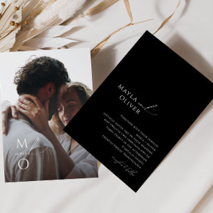 スクリプトエレガント ブラックモノグラム結婚写真 招待状