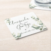 スクリプトエレガント |ユーカリ葉 |結婚披露宴 スクエアペーパーコースター (アングル)