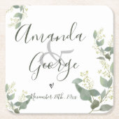 スクリプトエレガント |ユーカリ葉 |結婚披露宴 スクエアペーパーコースター (正面)