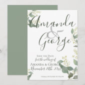 スクリプトエレガント |ユーカリ葉 | 結婚s セーブザデート (正面/裏面)