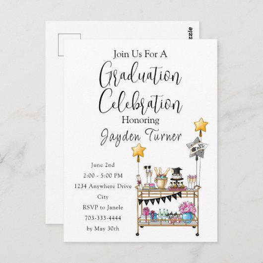 スクリプトカジュアルバーカートの卒業招待状 ポストカード (正面/裏面)