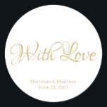 スクリプトカスタム文字の結婚ギフトメッセージカードシール ラウンドシール<br><div class="desc">白いカスタム背景に愛のメッセージカードを付け結婚た名前の贈り物の文字のフェイク金ゴールドシール</div>