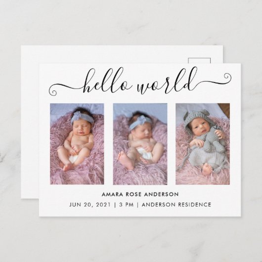 スクリプトカリグラフィー3写真Hello World誕生 インビテーションポストカード (正面/裏面)