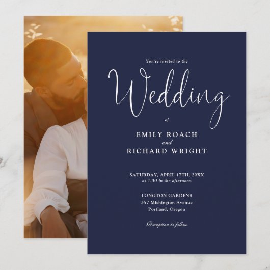 スクリプトカリグラフィー フォト ネイビーブルー 結婚式 招待状 (正面/裏面)