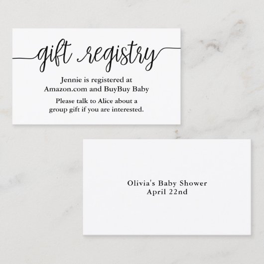 スクリプトギフトレジストリシャワー挿入カード 名刺 (正面/裏面)