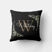 スクリプトグリーナリーフローラブラック金ゴールドイニシャルモノグラム クッション (裏面)