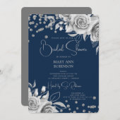 スクリプトシルバーフローラグリッターブライダルシャワーネイビー 招待状 (正面/裏面)
