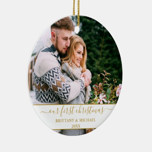 スクリプトスタイリッシュを作成する初めてのクリスマス金ゴールドカップル セラミックオーナメント (右)