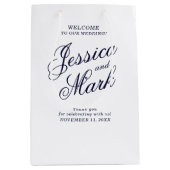 スクリプトタイポグラフィブルー結婚の歓迎 ミディアムペーパーバッグ (正面)