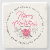 スクリプトタイポグラフィメリークリスマスフローラブーケ ストーンコースター (正面)