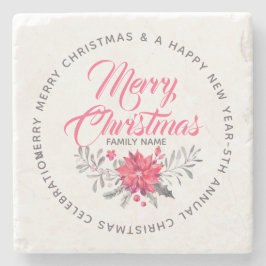 スクリプトタイポグラフィメリークリスマスフローラブーケ ストーンコースター