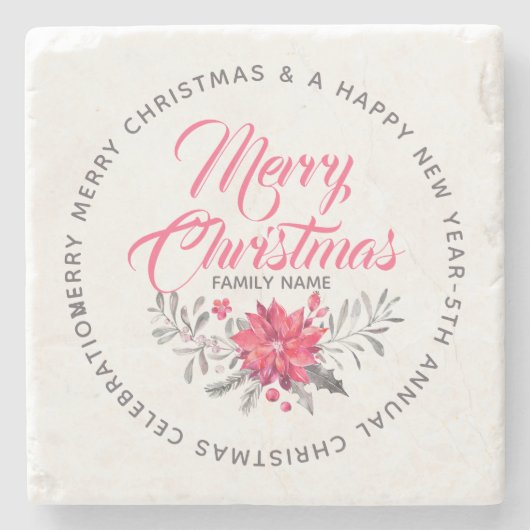 スクリプトタイポグラフィメリークリスマスフローラブーケ ストーンコースター (正面)