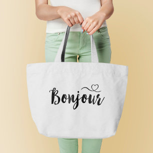 スクリプトタイポグラフィ- Bonjour ラージトートバッグ