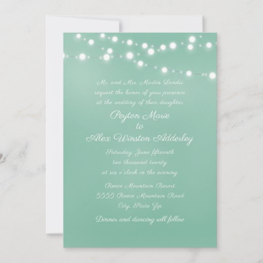 スクリプトネオミントティール(緑がかった色)ホワイトストリングラ結婚イツ 招待状 (正面)