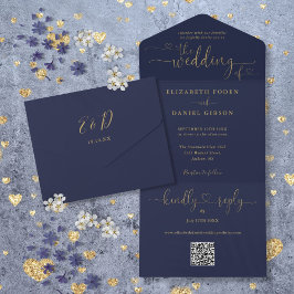 スクリプトハートネイビーブルーと金ゴールドのQRコード結婚s オールインワン招待状