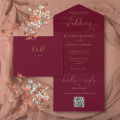 スクリプトハートブルゴーニュと金ゴールドQRコード結婚s オールインワン招待状