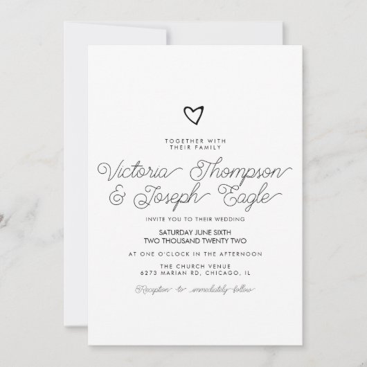 スクリプトハート傾斜白黒モダン結婚の 招待状 (正面)