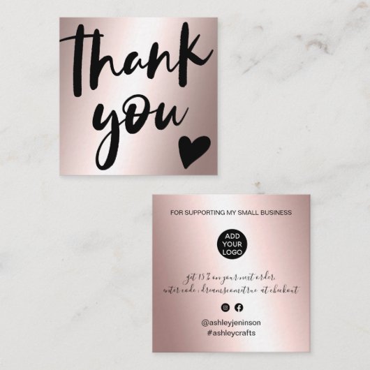 スクリプトバラ金ゴールドの金属的な感謝してい順序を入力 スクエア名刺 (正面/裏面)