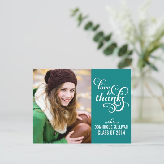 スクリプトファンシー卒業ありがとうはがき |ティール（緑がかった色） ポストカード (スタンド正面)