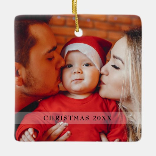 スクリプトフォトベビーの初めてのクリスマス雪片 セラミックオーナメント (正面)