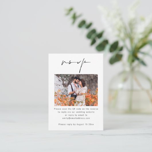 スクリプトフォトQRコードウェディングRSVP エンクロージャーカード (スタンド正面)