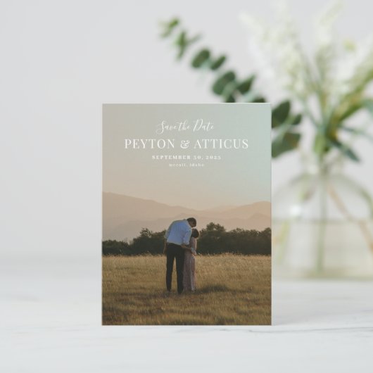 スクリプトフォント縦写真ポストカードの保存 案内ポストカード (スタンド正面)