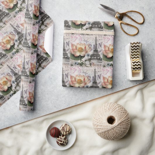 スクリプトフランスの植物学ロータスパリエッフェルタワー ラッピングペーパー (クラフト)