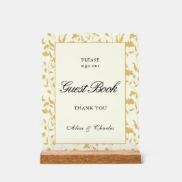 スクリプトフローラクリームと金ゴールドゲストブックサイン アクリルサイン