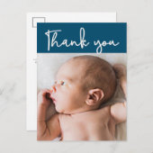 スクリプトブルーモダンベビーフォト誕生 案内ポストカード (正面/裏面)