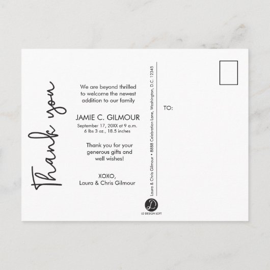 スクリプトブルーモダンベビーフォト誕生 案内ポストカード (裏面)