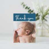 スクリプトブルーモダンベビーフォト誕生 案内ポストカード (スタンド正面)