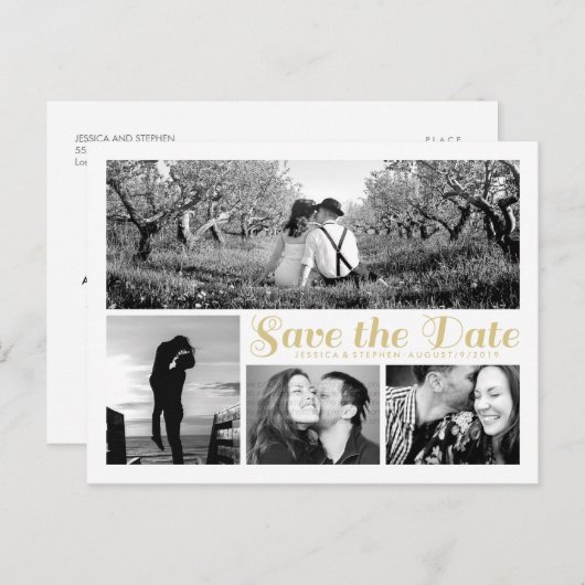 スクリプトホワイト日付コラージポストカードの保存 案内ポストカード (正面/裏面)