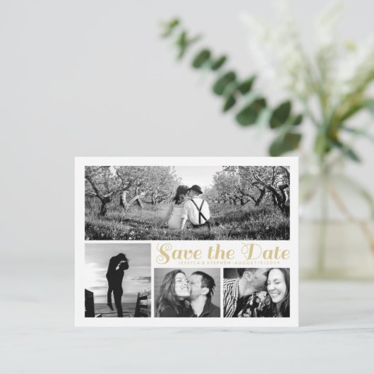 スクリプトホワイト日付コラージポストカードの保存 案内ポストカード (スタンド正面)