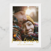 スクリプトメリークリスマスグリーンタータンチェック写真休日 箔シーズンカード (正面)