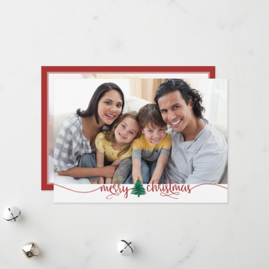 スクリプトメリークリスマスツリー赤グリーン2写真 シーズンカード (正面/裏面インサイチュ)
