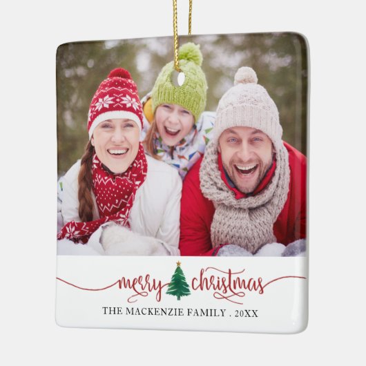 スクリプトメリークリスマスツリー赤グリーン2写真 セラミックオーナメント (左)