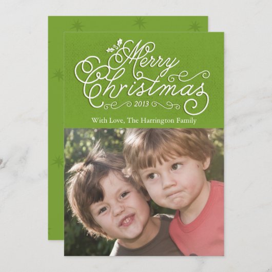 スクリプトメリークリスマスホリデーフォトカードグリーン シーズンカード (正面/裏面)