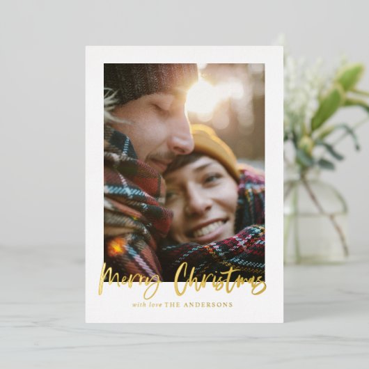 スクリプトメリークリスマスマスタードタータンチェック写真 箔シーズンカード (立ち正面)